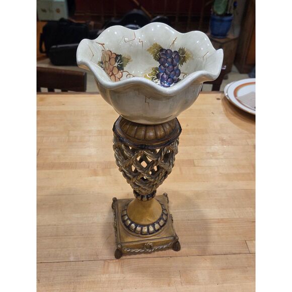 Unknown Other - Vintage Tuscan Style Grape Pattern Ceramic Pedestal Compote Bowl Centerpiece